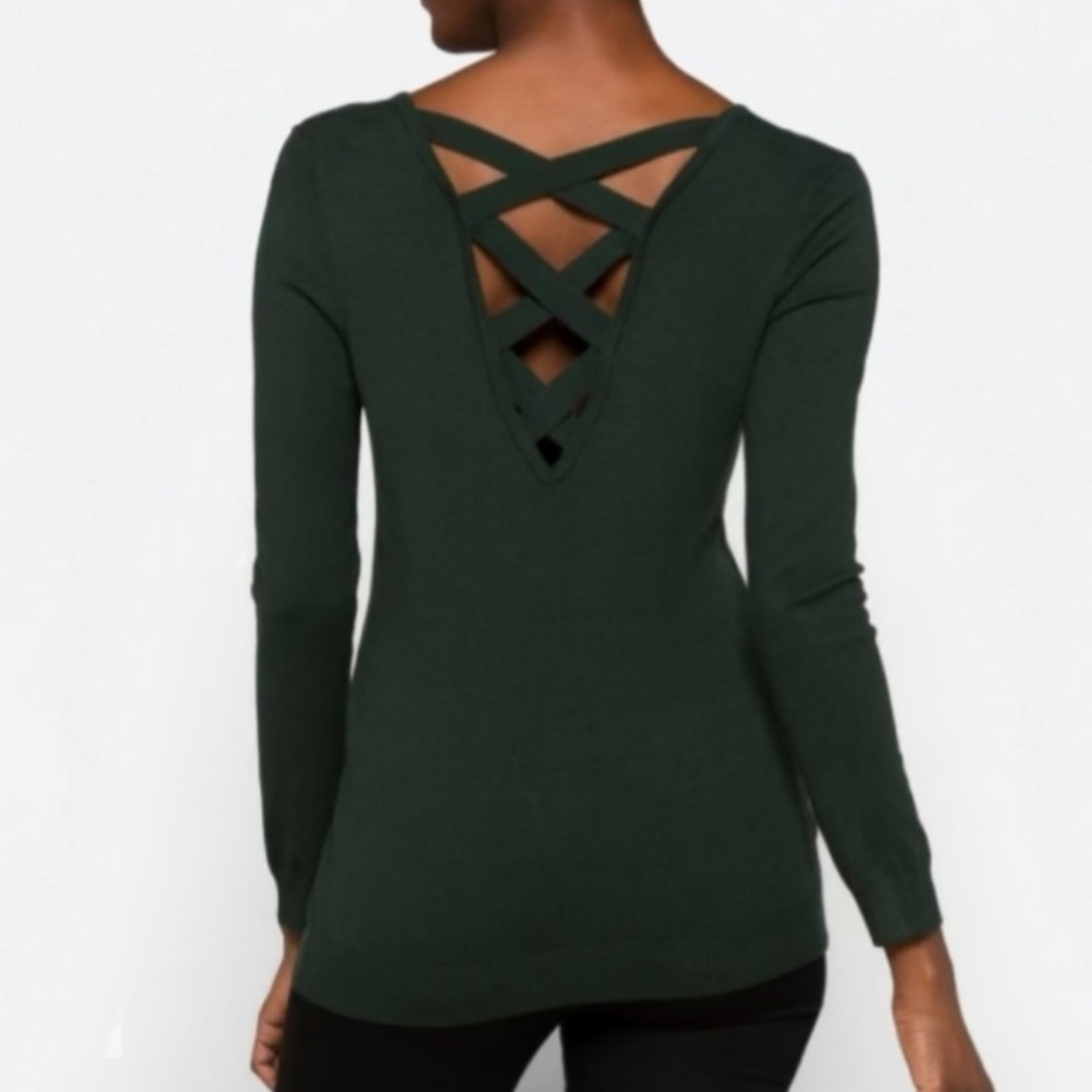 Love Ellie Dark Green Criss-Cross Open Back Sweater -Size Small
